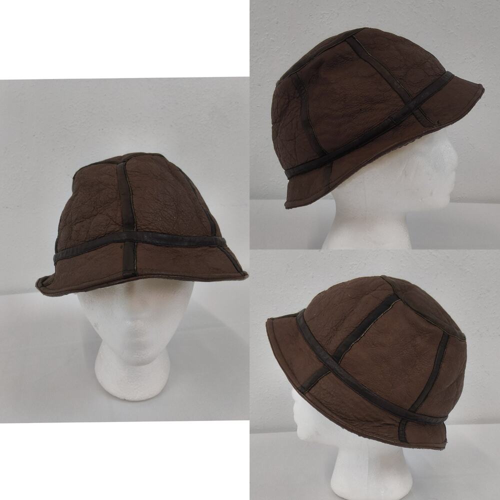 Vintage Shearling Bomber Hat Leather Wool Lining Size M (See Notes) Brown #W5020